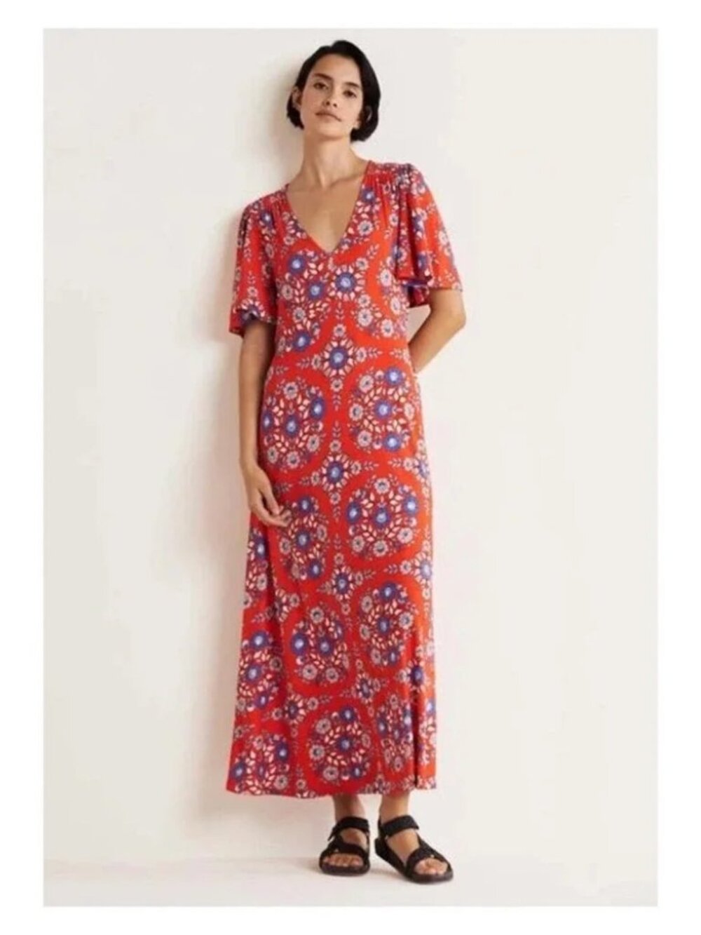 Boden Papaya Wildflower Prairie Jersey Maxi Dress Flutter Sleeve 12